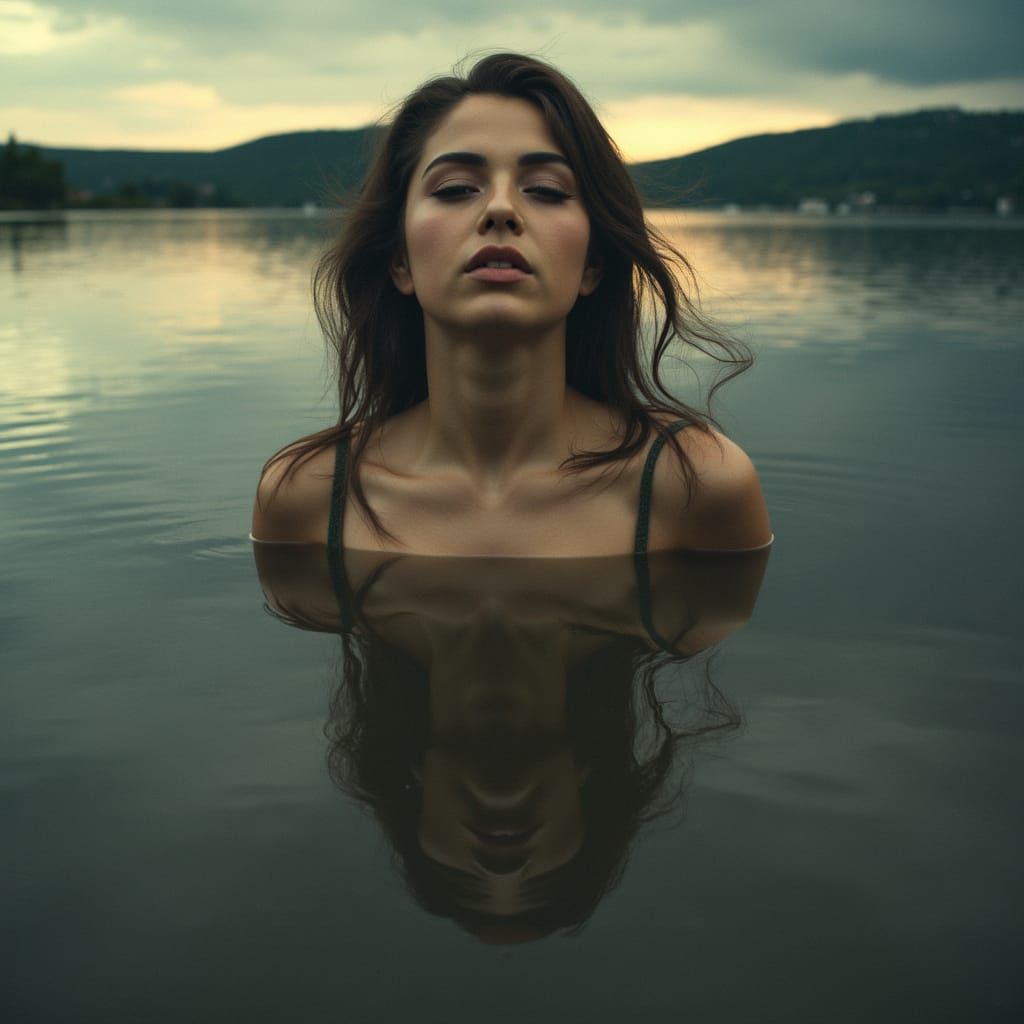 Ethereal Woman's Face Rising from Lake