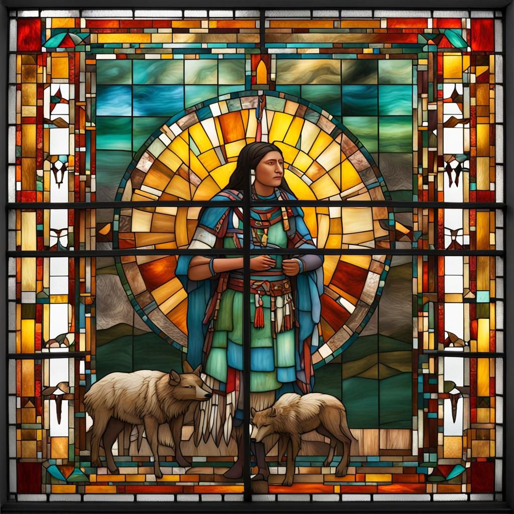 Native American Woman in Stained Glass Window