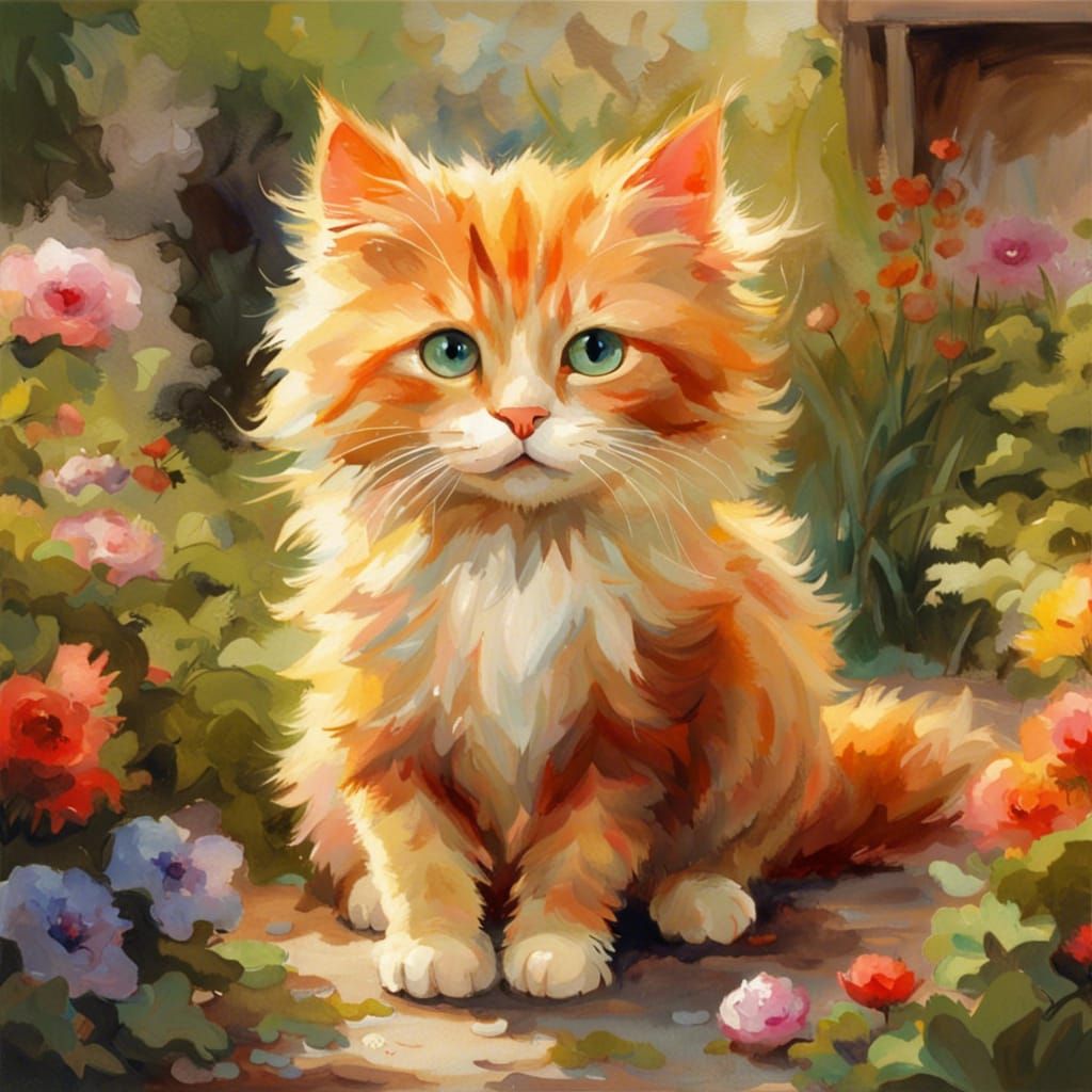 Chibi Ginger Cat in Impressionist Garden