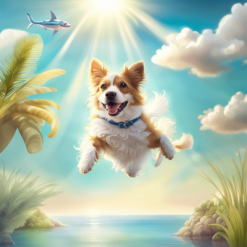 Photorealistic Island Paradise with Dog Catching Frisbee