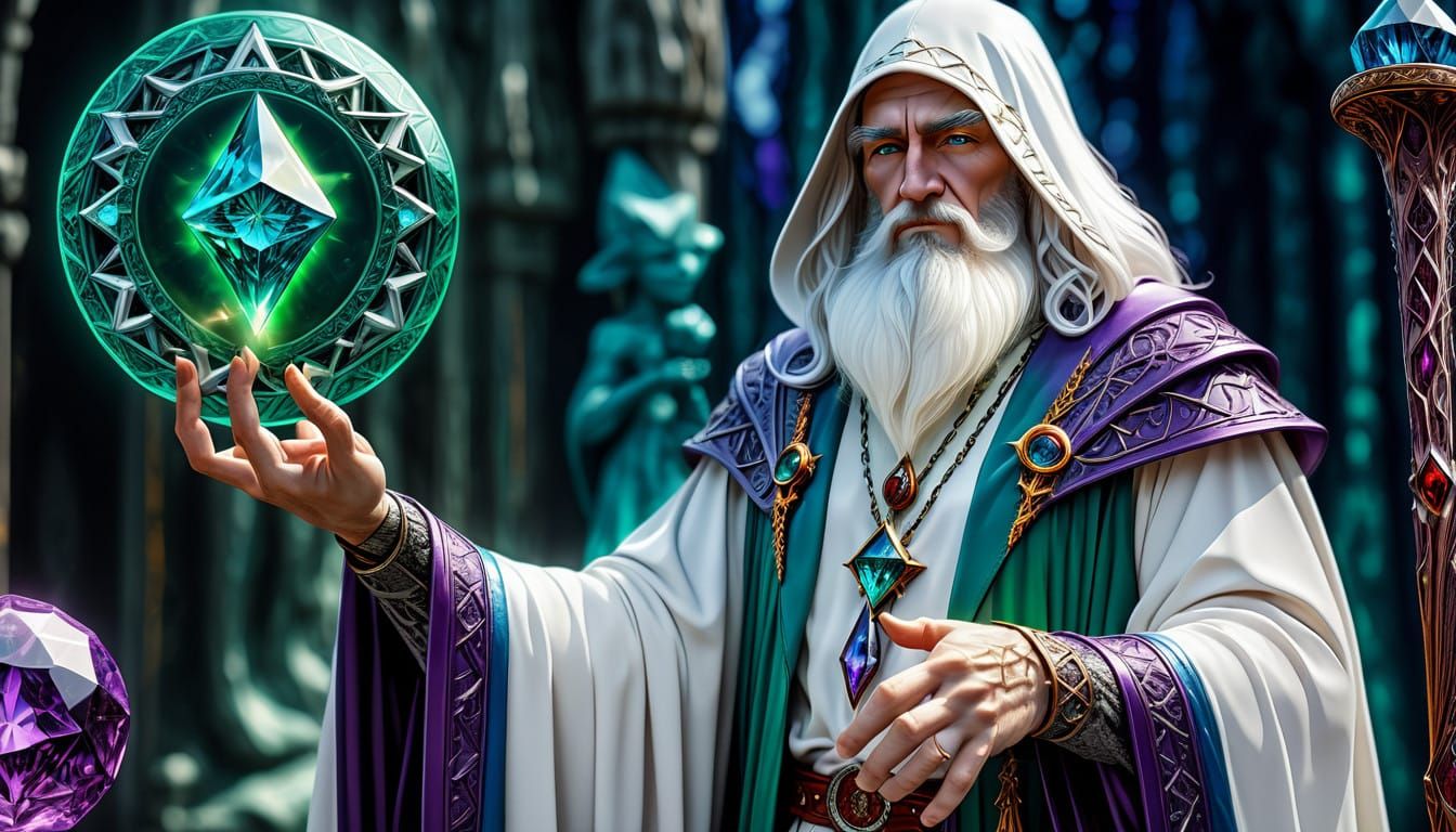 Tall Wizard in Vivid Landscape, Hyperrealistic