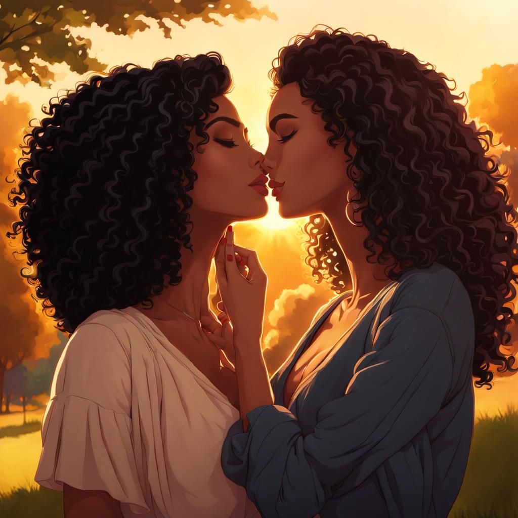 Women Kissing at Sunset: Golden Hour Concept Art