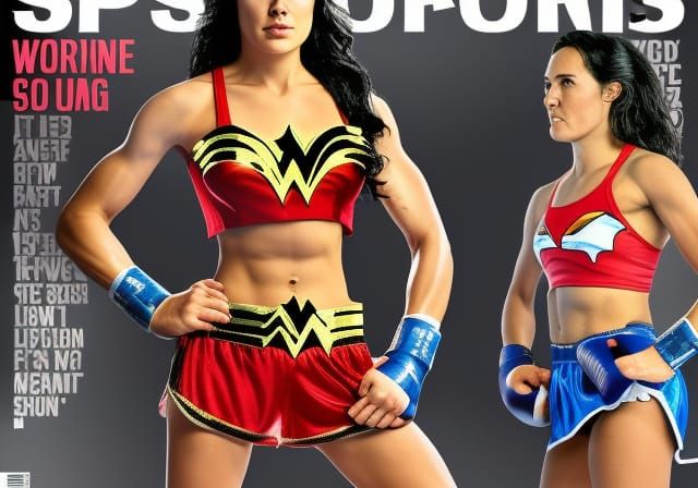 Sports magazine cover photo art style short shorts Wonder woman women's Boxing match sports drink headline