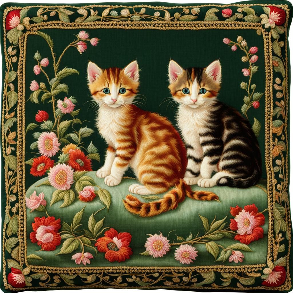 Kittens Relaxing on Embroidered Silk Cushion