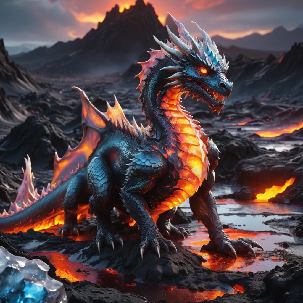 Ice Dragon in Lava Field: Hyperrealistic Digital Art