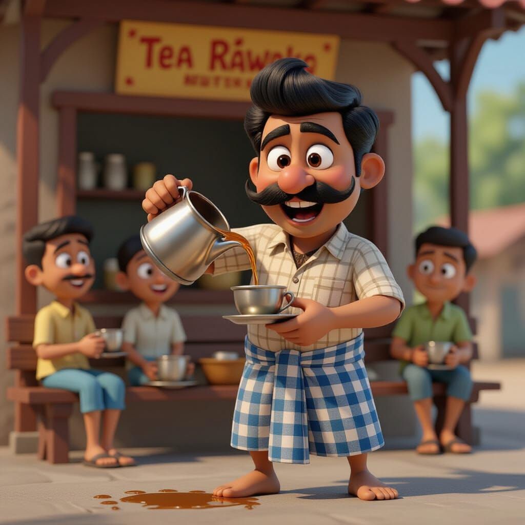 Animated 3D Chaiwala Pouring Tea, Pixar Style