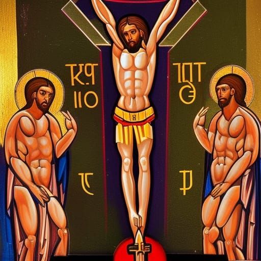 Muscular Jesus Crucifixion in Russian Icon Style