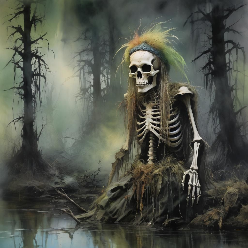 Haunted Skeleton Shaman in Vivid Watercolor