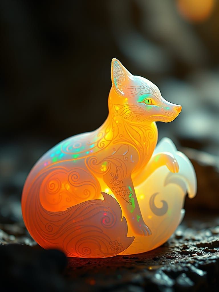 an opal iridescent gemstone carving of a fox