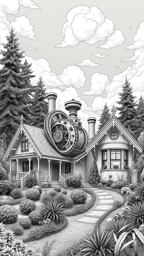 Vintage Bungalows in a Whimsical Steampunk Landscape