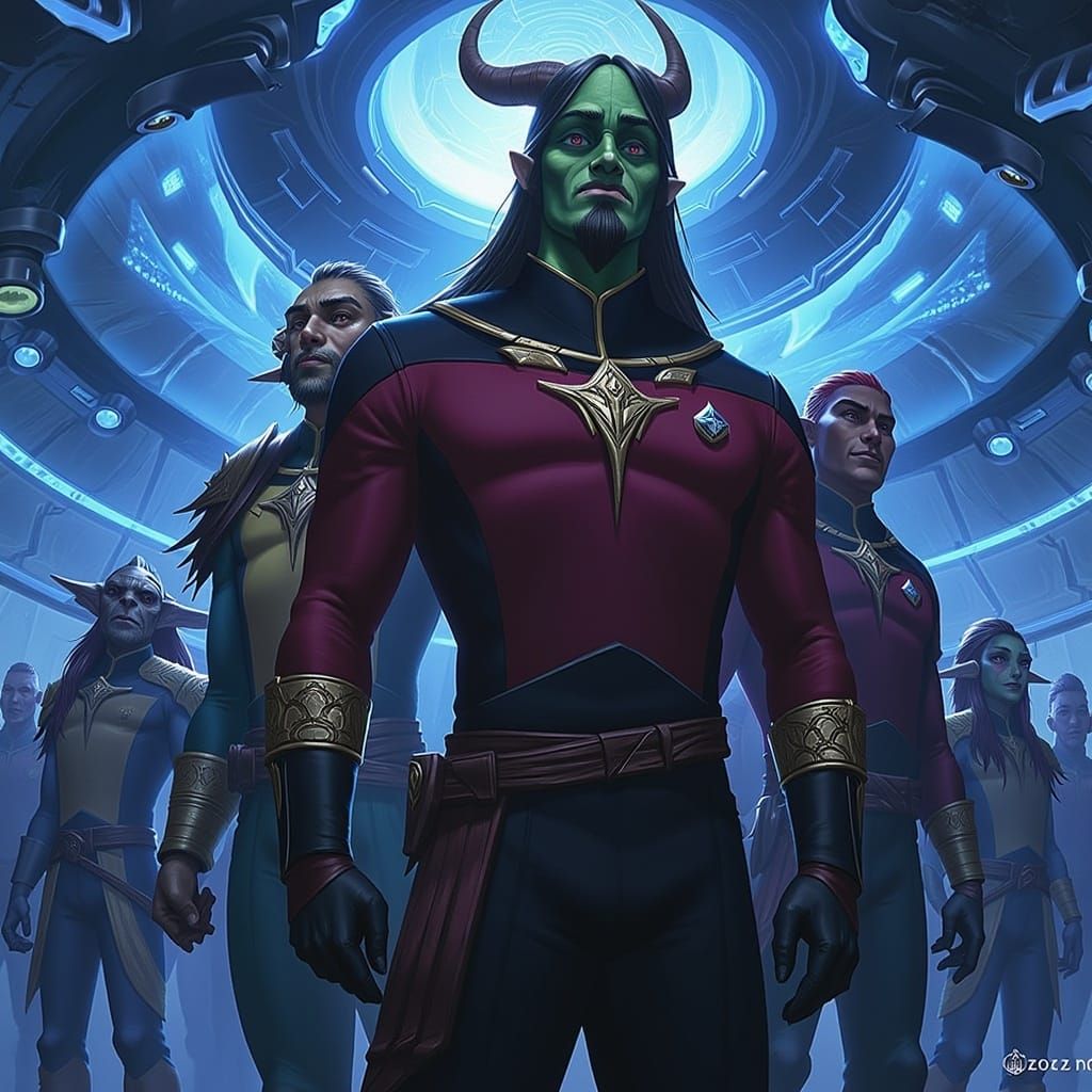 Diverse Starship Officers on Futuristic Bridge in Fantasy Ar...