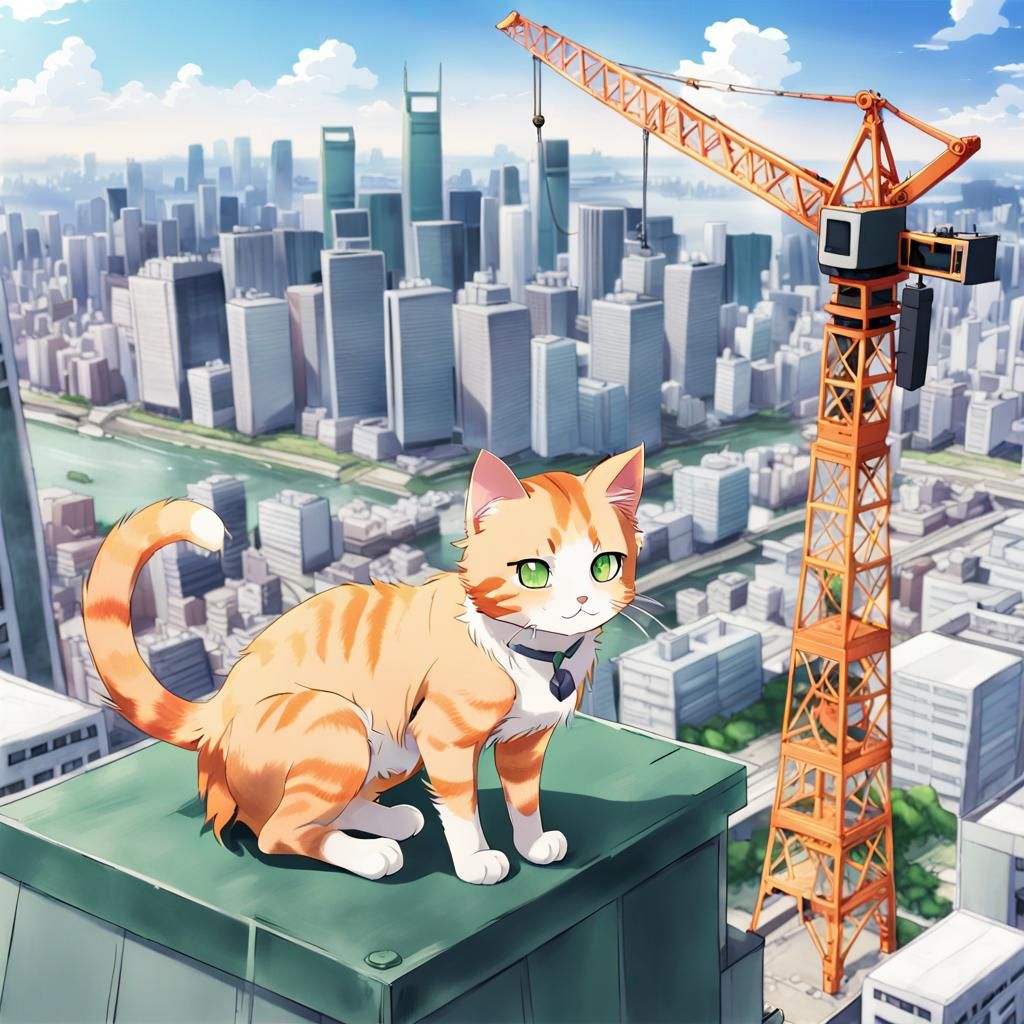 Ginger Cat with Crane in Anime Style