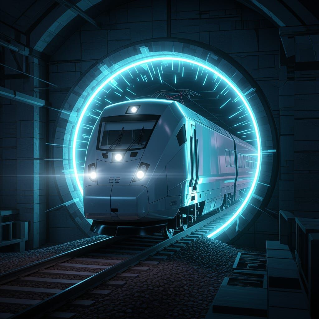 Futuristic Train Emerging from a Cosmic Portal