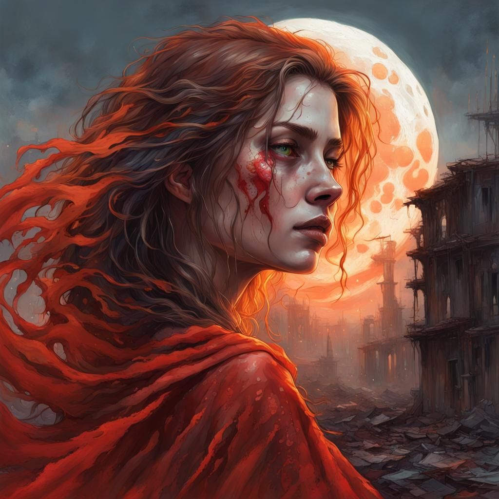 Ethereal Woman with Bleeding Eyes in Ruined City
