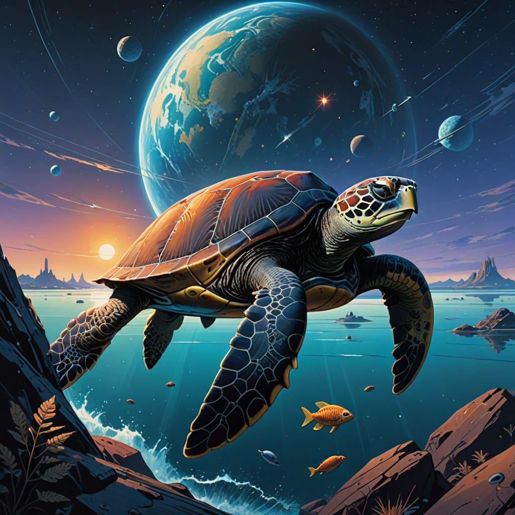 Cosmic Sea Turtle in Celestial Vistas