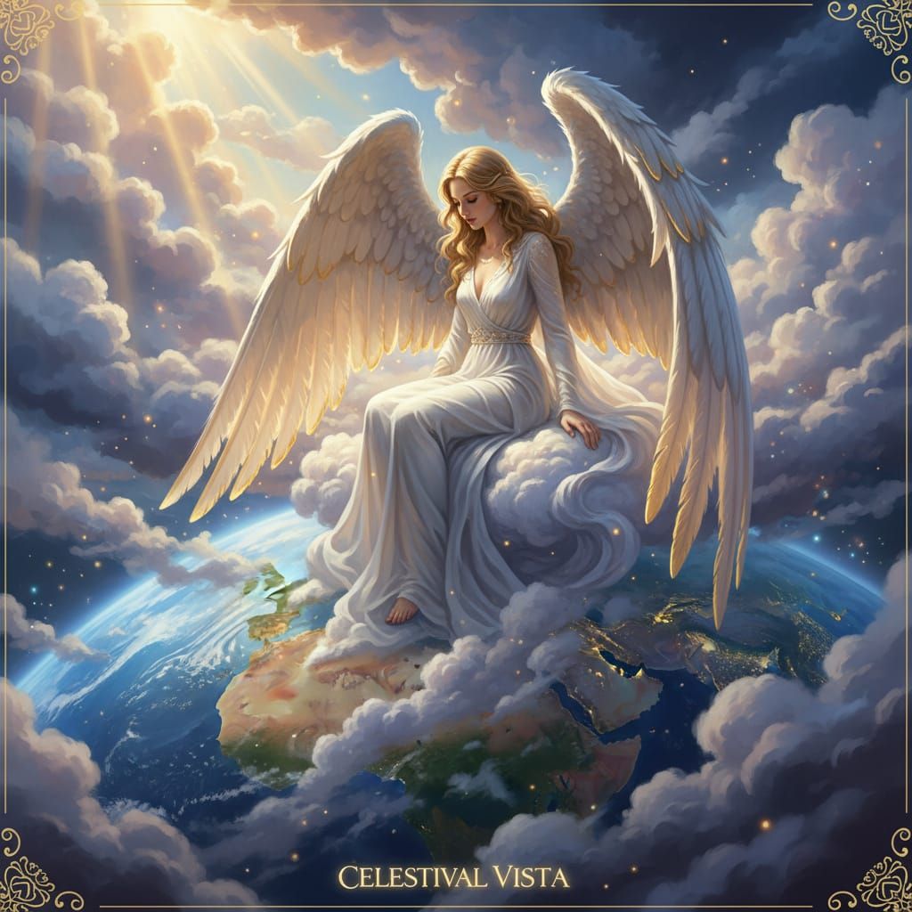 Angel on Cloud Watching Over Earth in Matte Painting Style