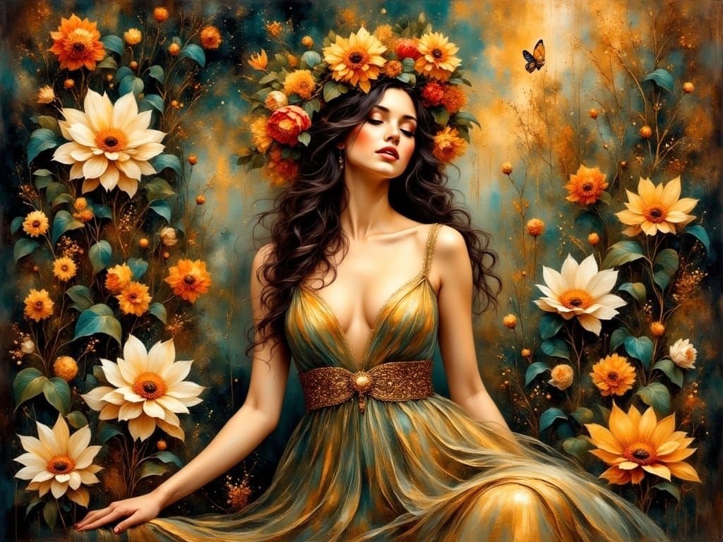 Elegant Woman in Klimt-Inspired Golden Garden