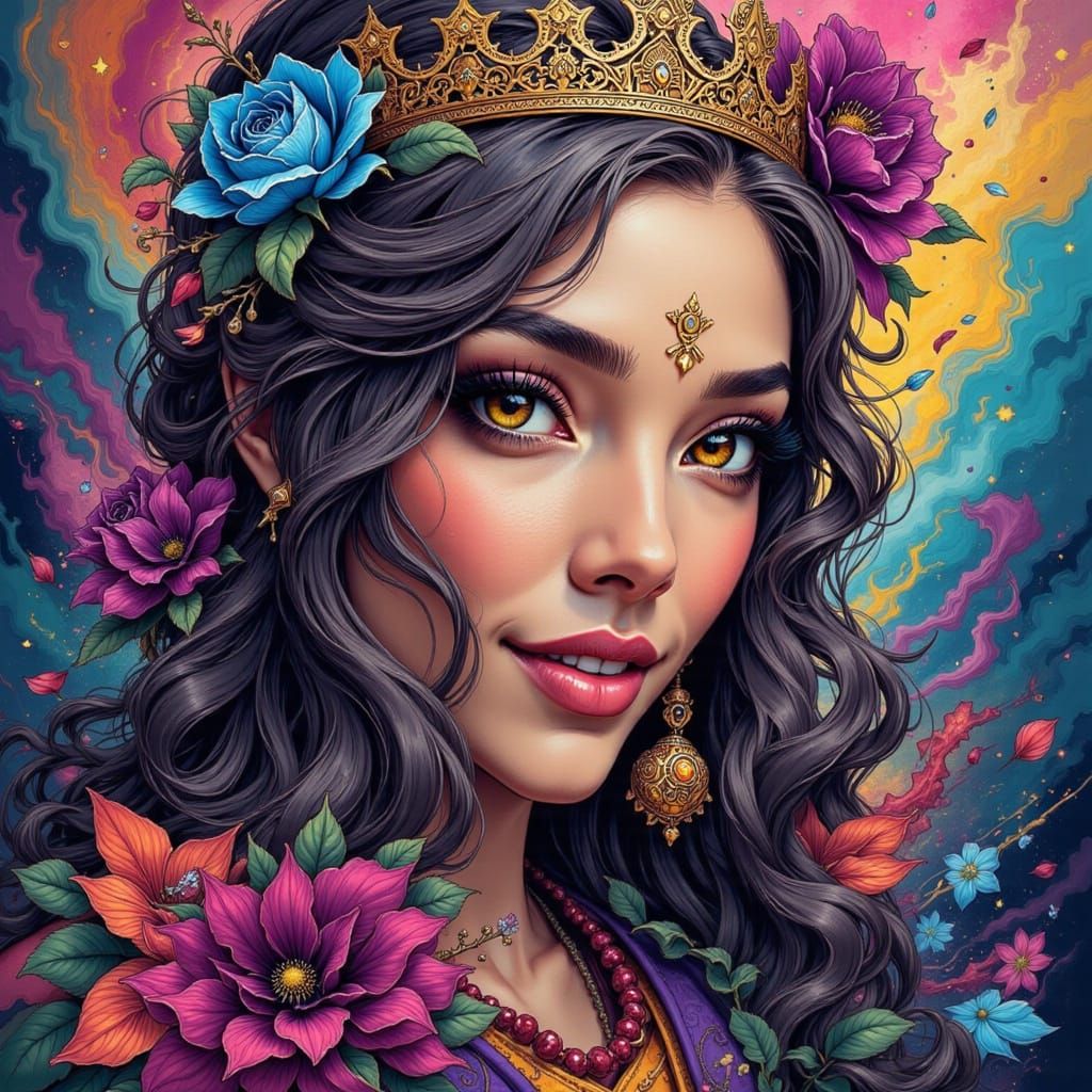Radiant Queen's Birthday Portrait in Whimsical Style