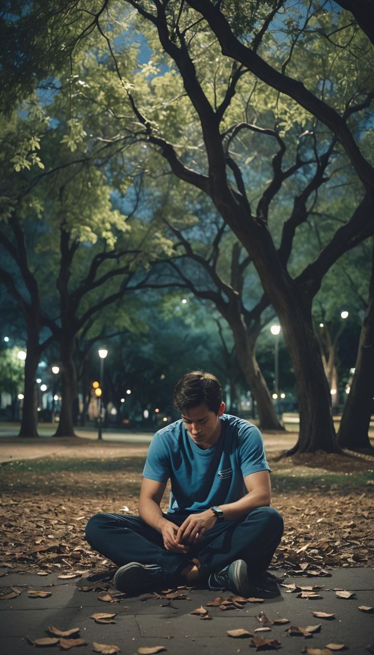 Man in Blue T-Shirt Sits in Dimly Lit Park
