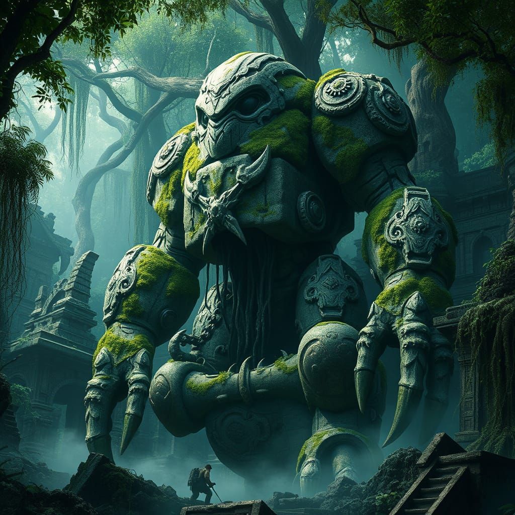 Realistic Golem Statue in Jungle Ruins