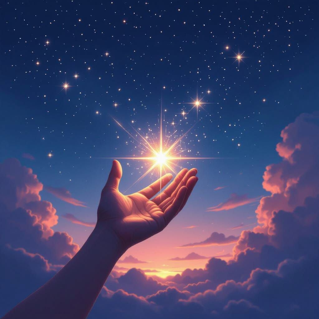 Dreamlike Hand Reaching for Starlight in the Night