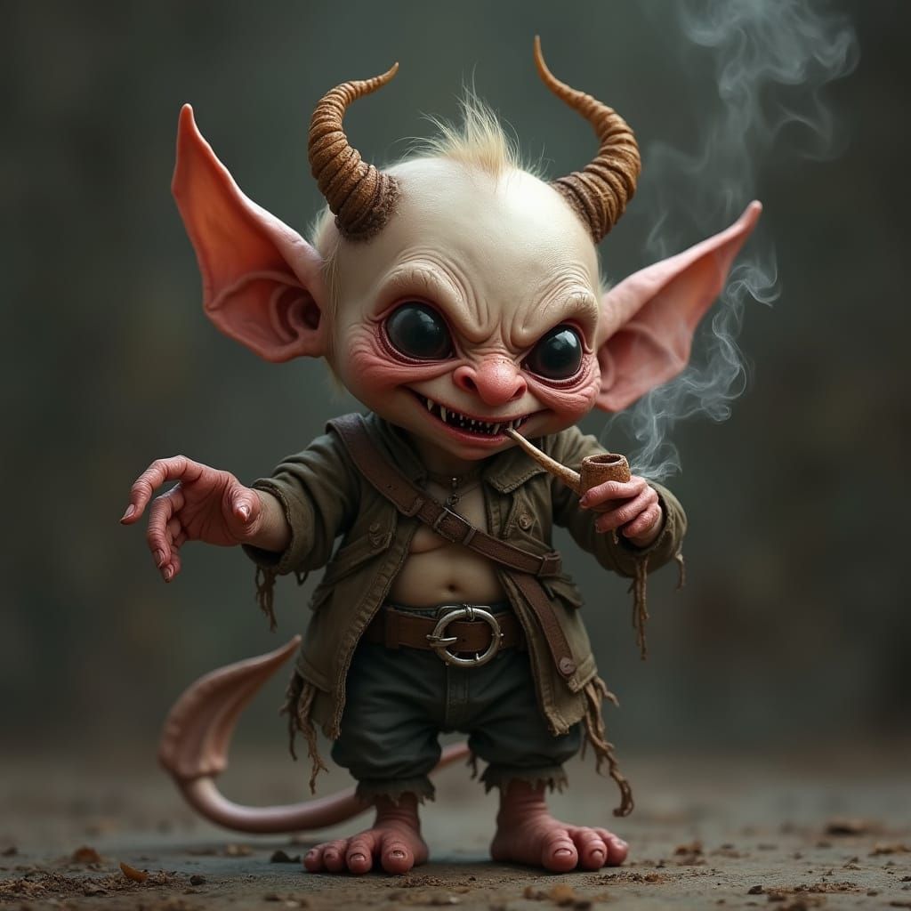 Menacing Dwarf Figure with Devilish Ears and Tail Smiling Di...