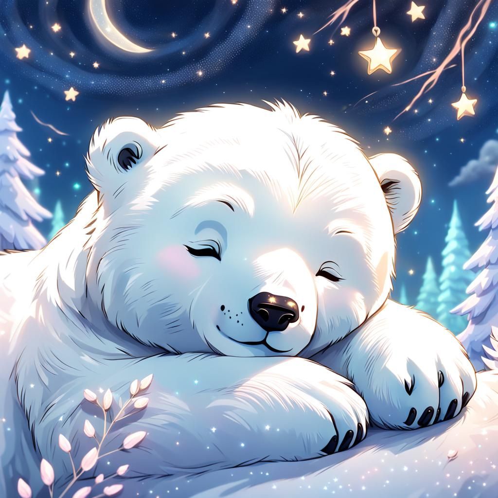 Kawaii Polar Bear Sleeping Under Starry Night