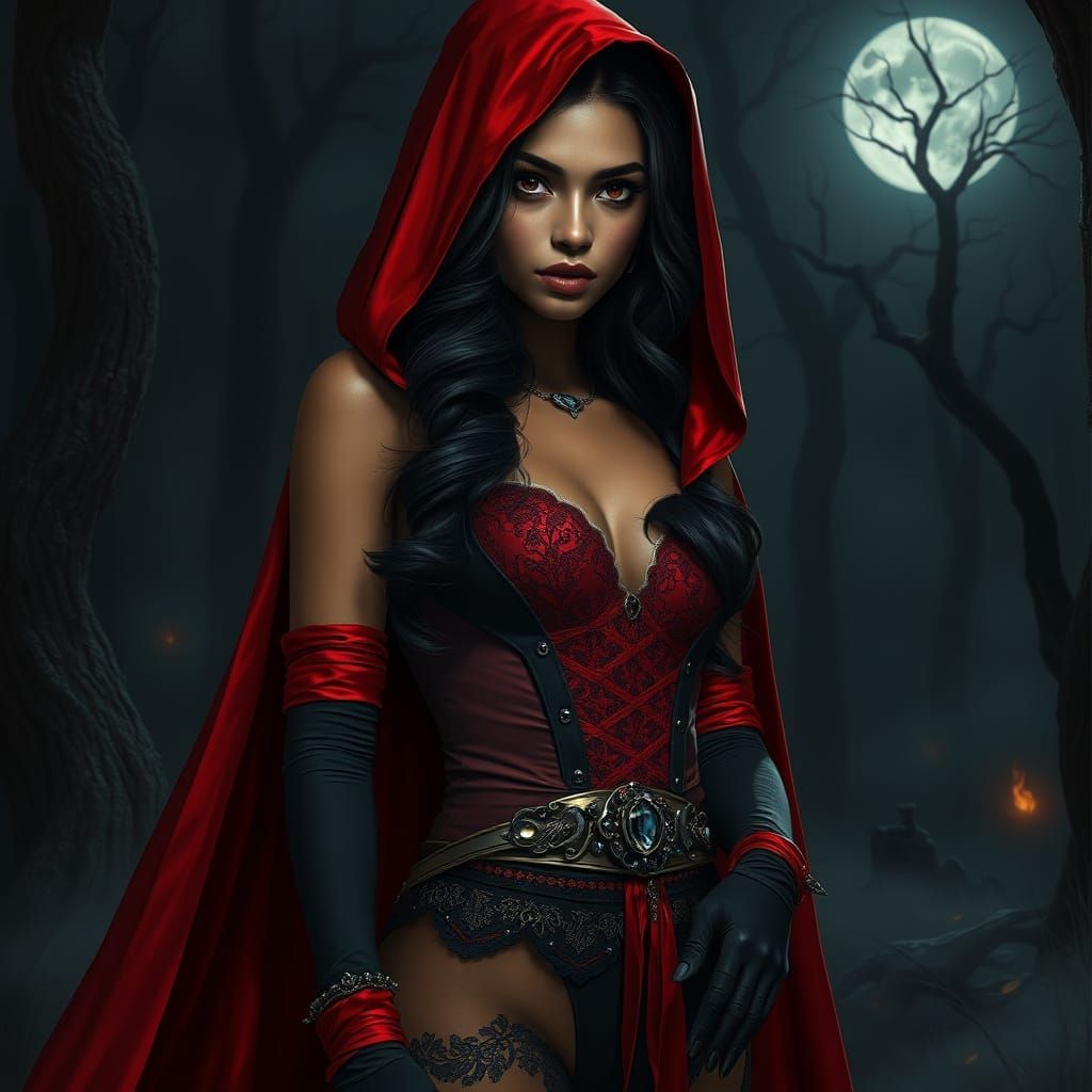 Enigmatic Dark Fairy in Crimson Hooded Cloak