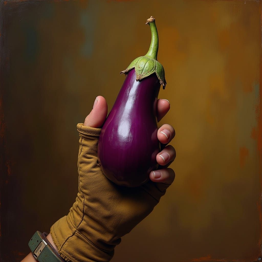 Hand Squeezing Eggplant with Whimsical Touch