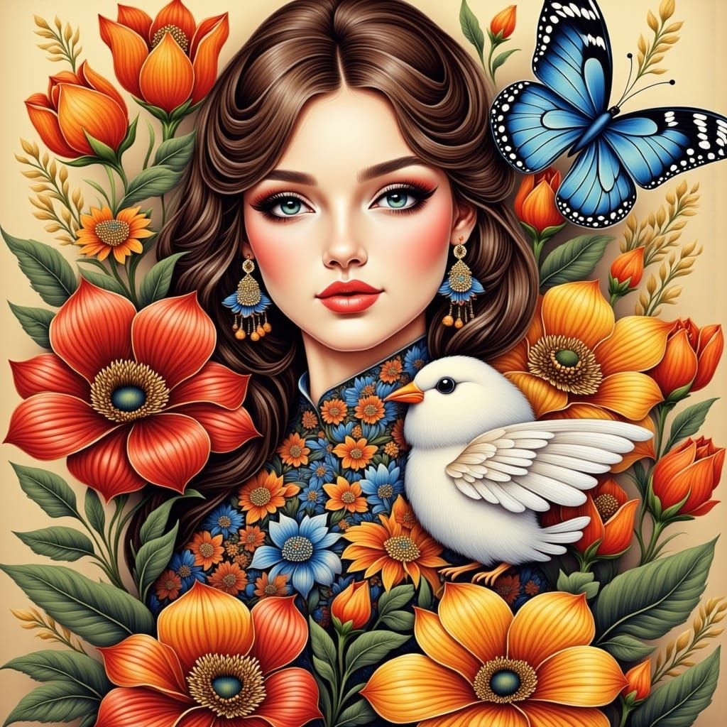 Lubok Print of a Beautiful Woman