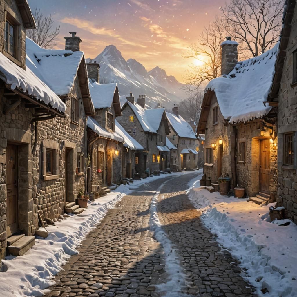 Winter Village Scene with Mythical Beings