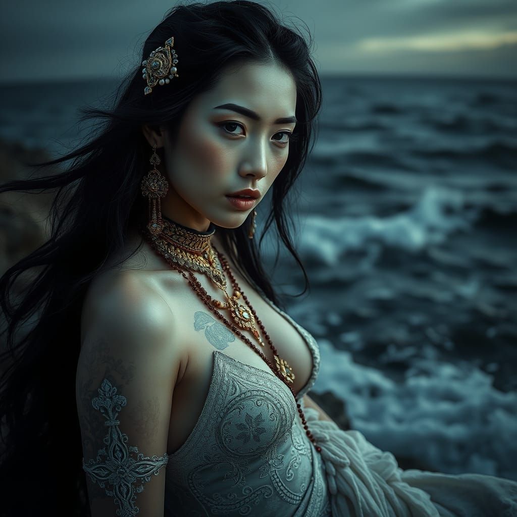 Mysterious Witch on Rock in Stormy Seas