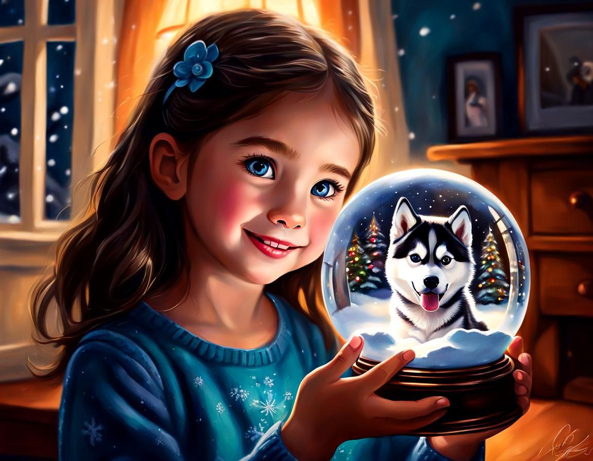 Girl Holds Snow Globe with Husky Inside