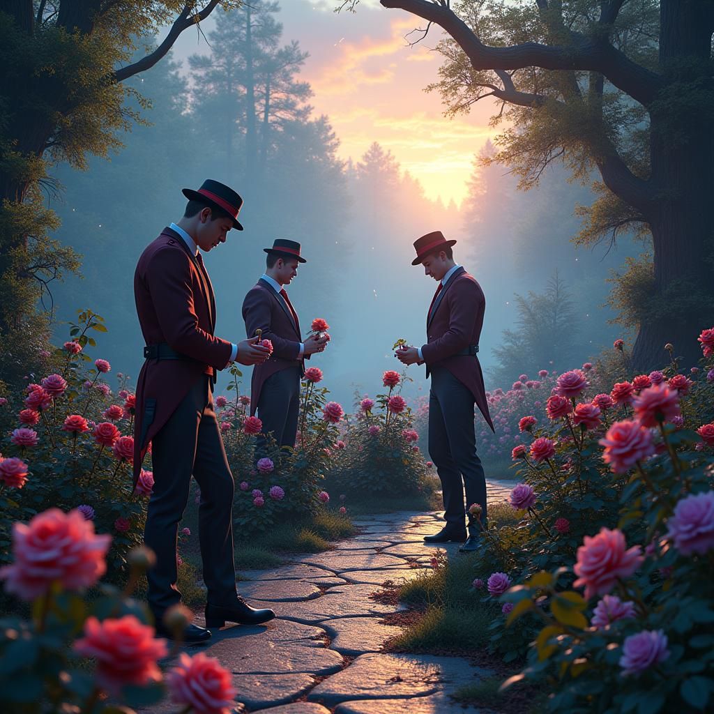 Victorian Gardeners in Whimsical Industrial Fantasy Landscap...