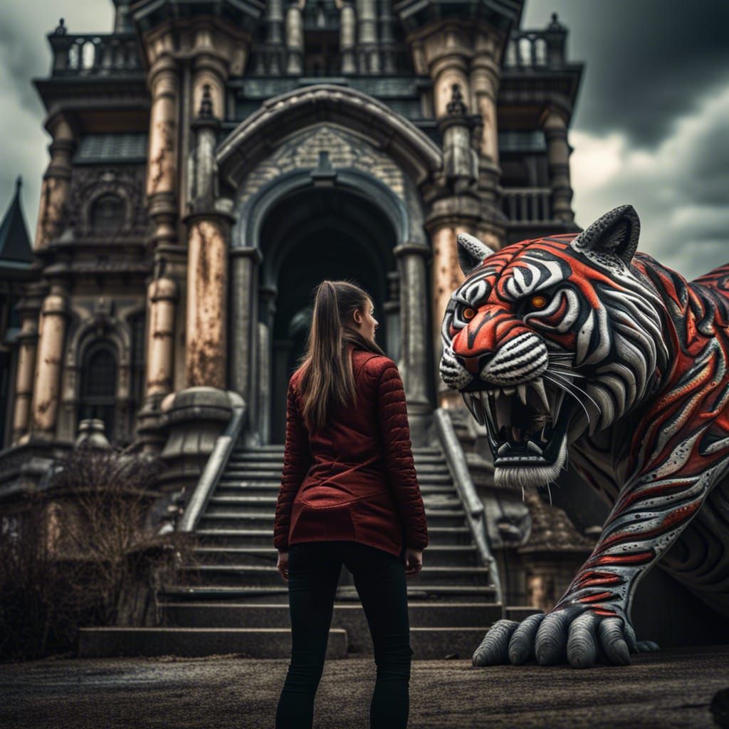 Tiger Woman Battles Vampire in Hyperrealistic Castle Scene