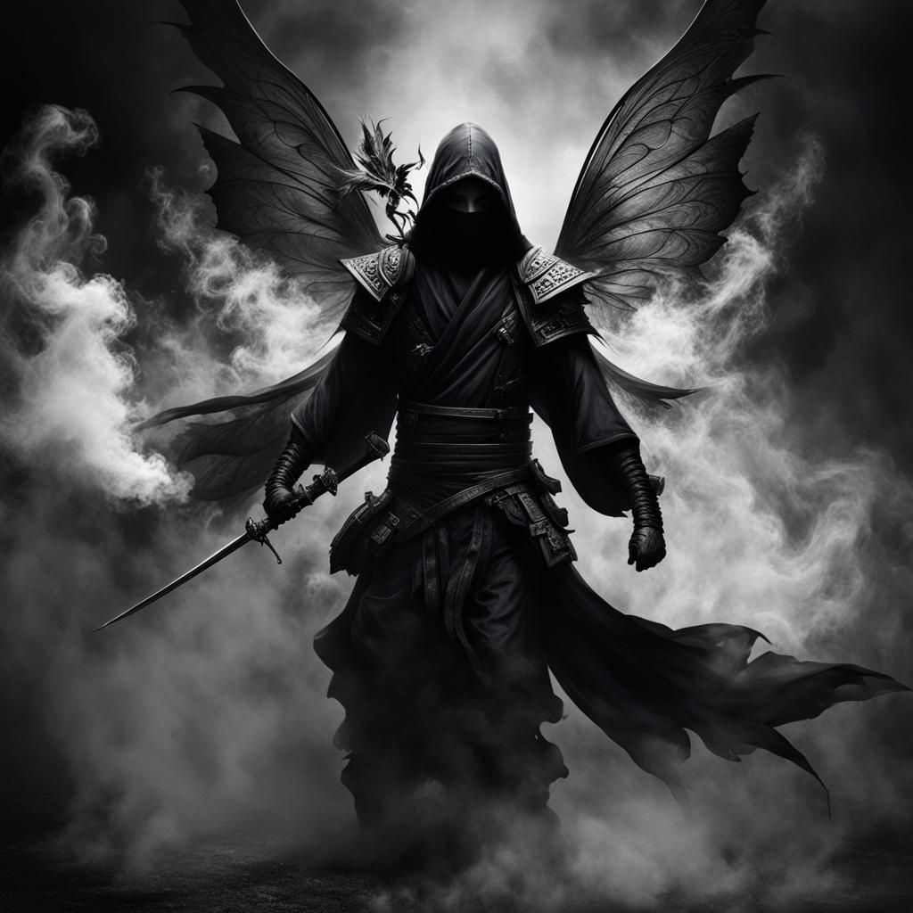 Monochrome Smoke Fairy Ninja in Dark Fantasy Style
