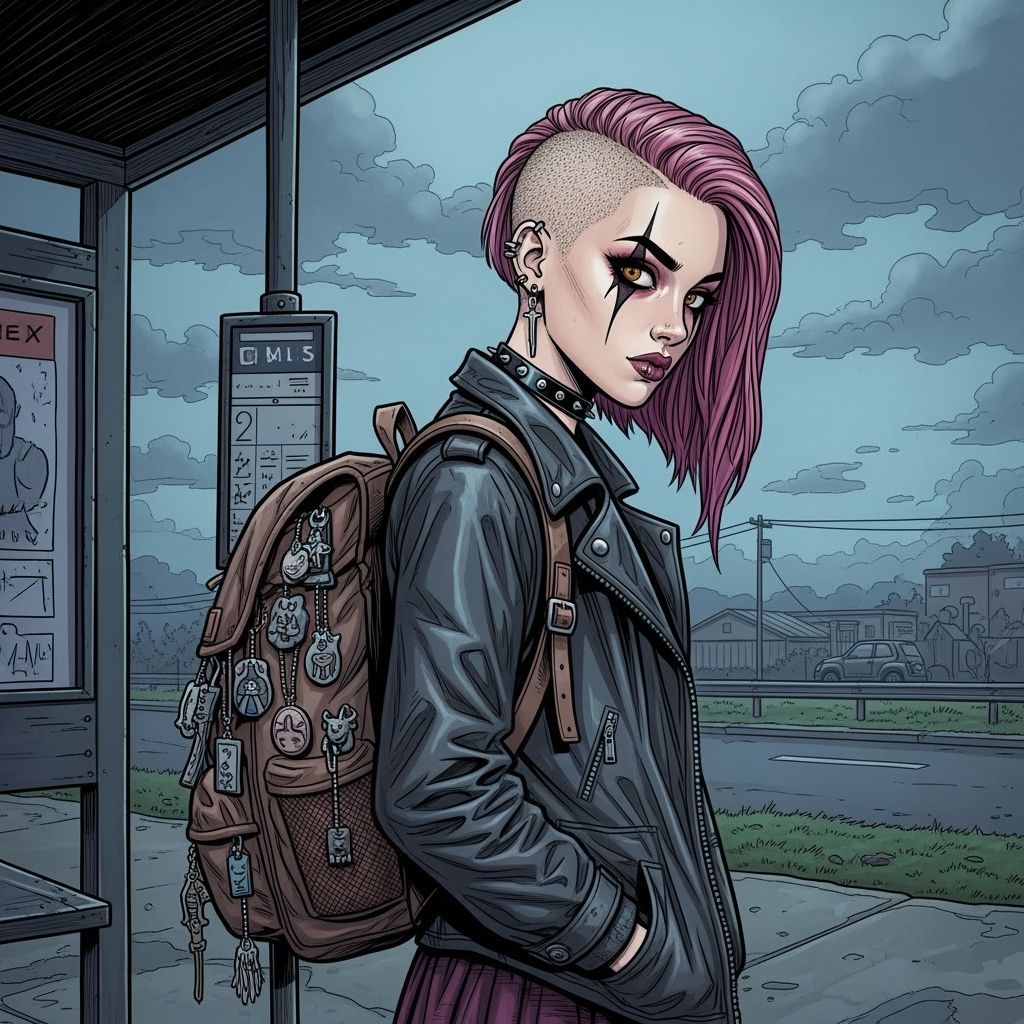 Pixie Goth Teenager at Bus Stop in Graphic Novel Style