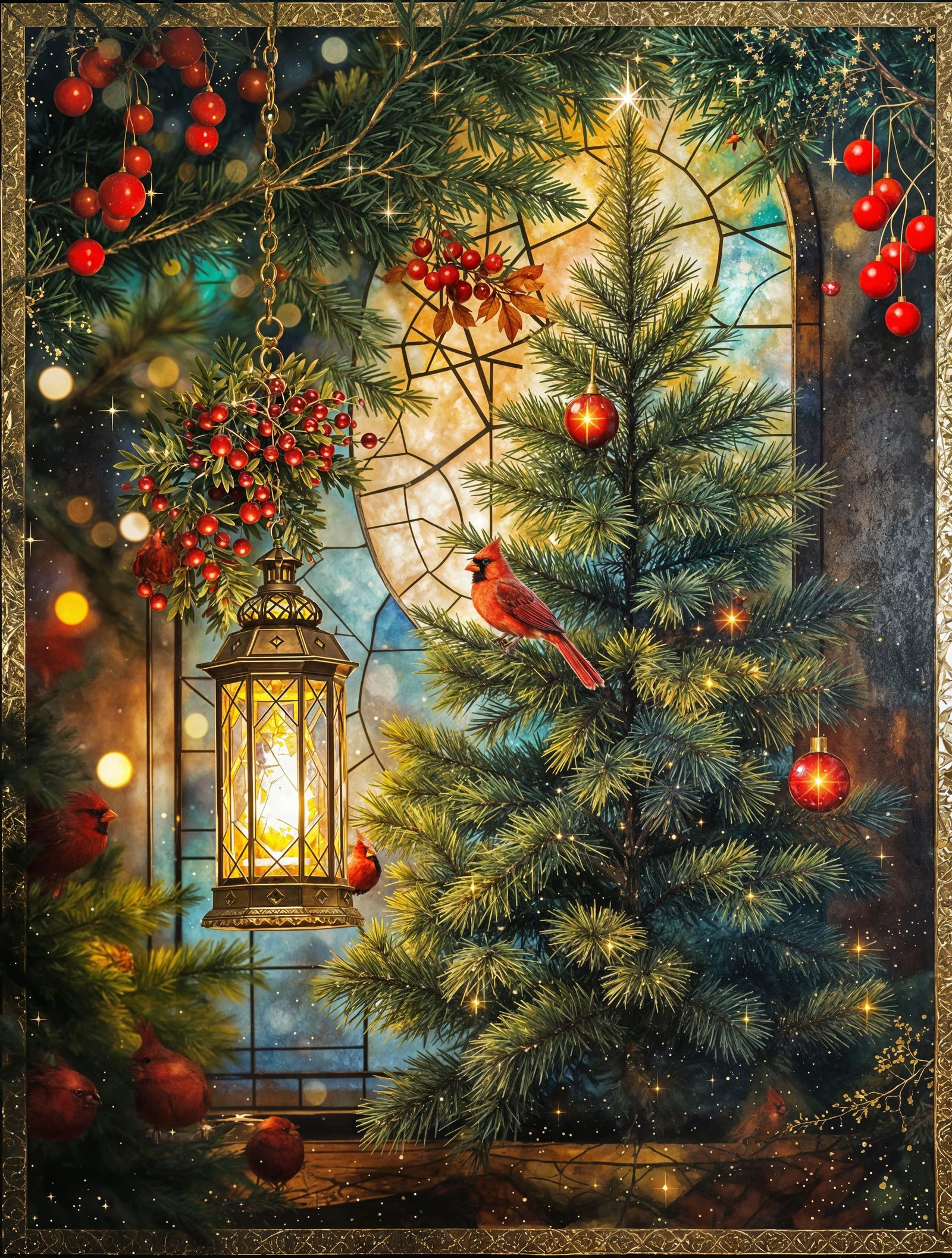 Golden Cardinal Perched in Stained Glass Evergreen