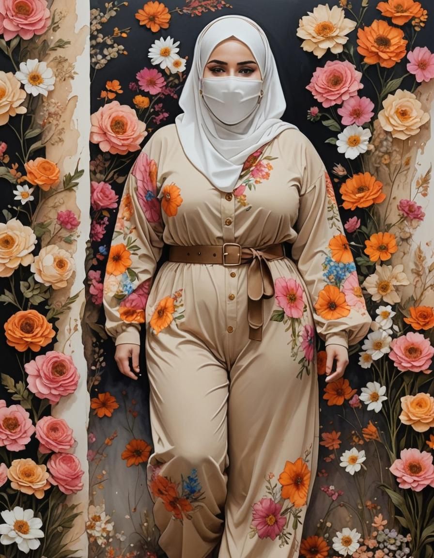 Psychedelic Hijab Portrait with Facemask in Pop Art Style