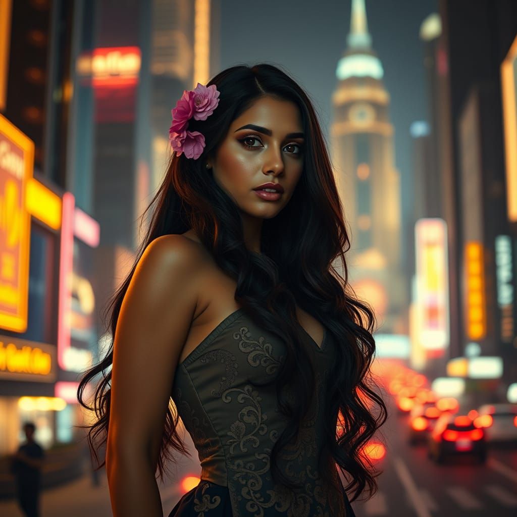 Captivating Mexican Woman in Futuristic Cityscape