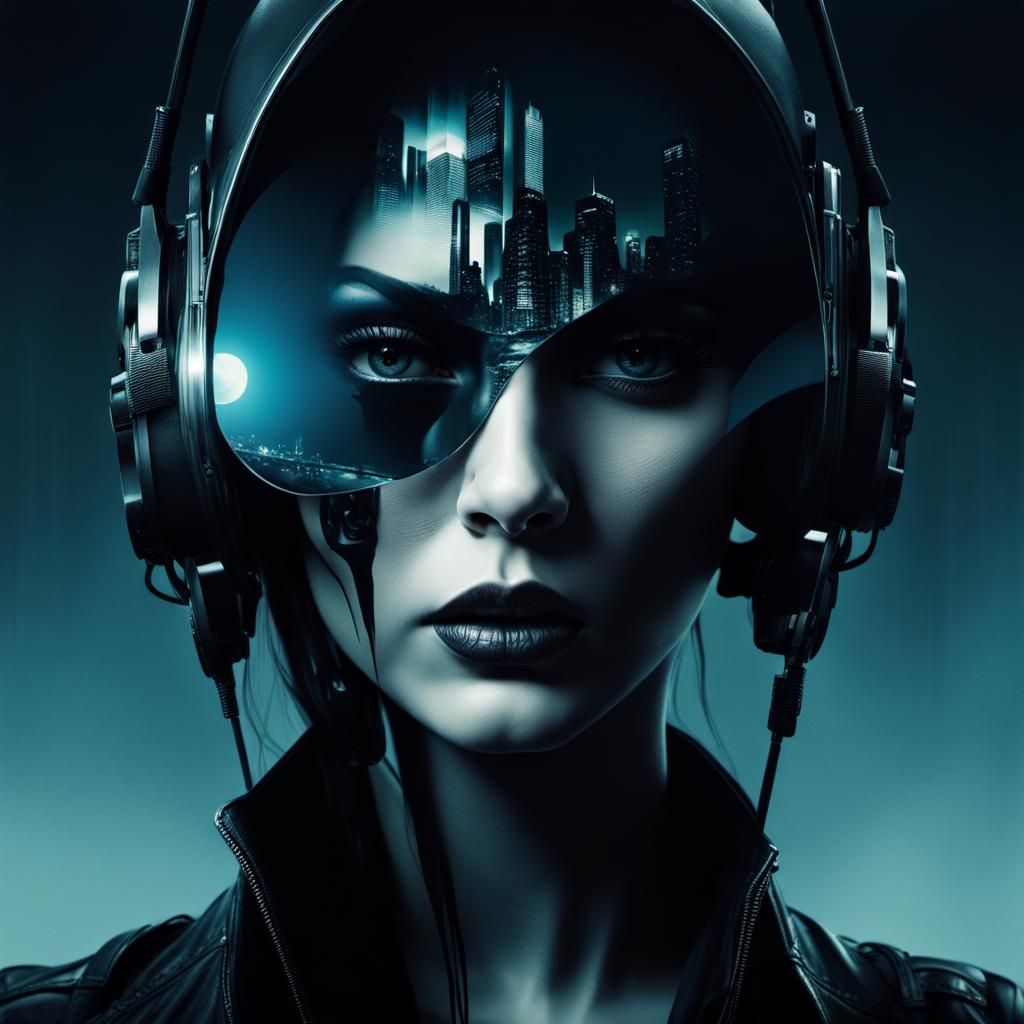 Double Exposure Portrait in Cyberpunk Film Noir Style