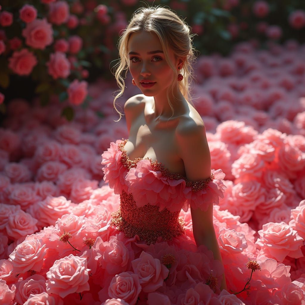 Rose Petal Gown on Model in Art Nouveau Style