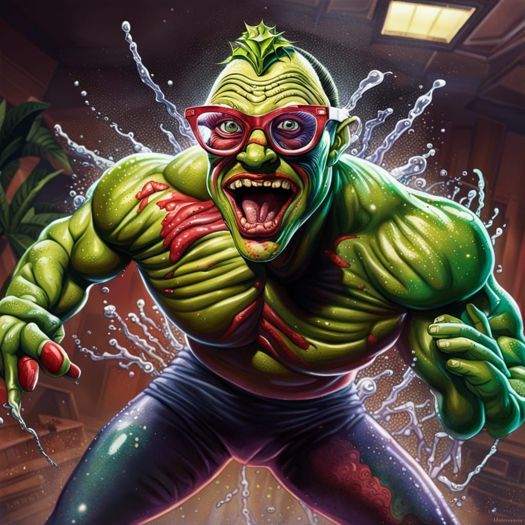 Seymour Krelborn Wrestles Audrey II in Hyperrealistic Style