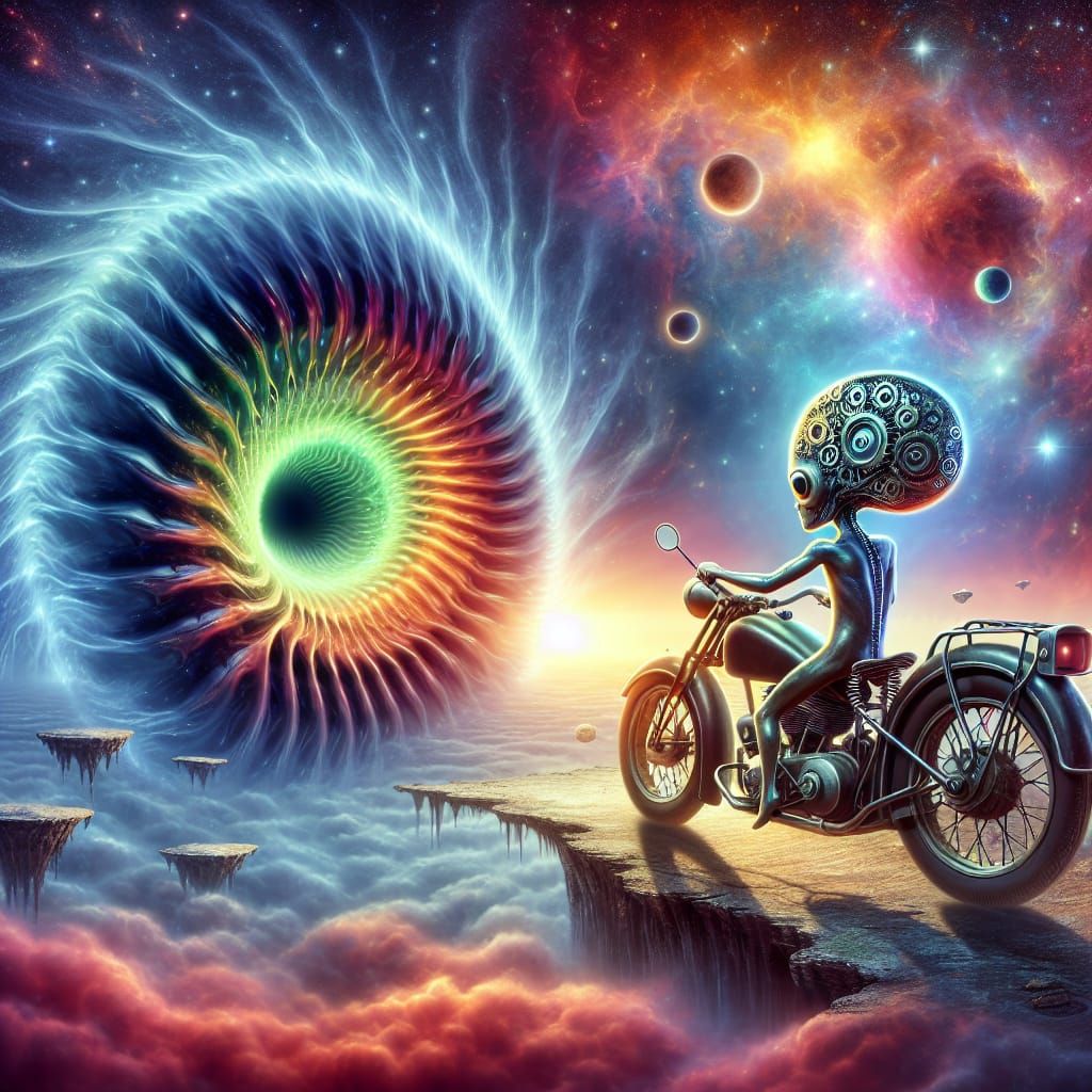 Alien Clockwork Rider on Vintage Motorcycle