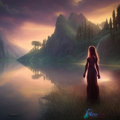Mystical Lake Girl in Detailed Digital Painting