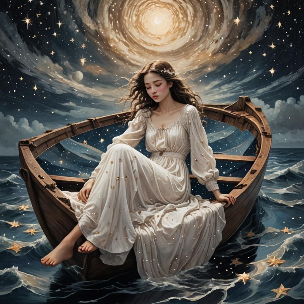 Girl in Boat Adrift in Starry Sea