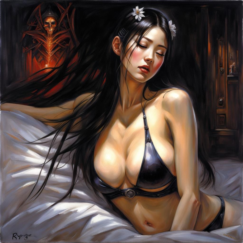 Ecstatic Woman in Gothic Bedroom: Oil Painting