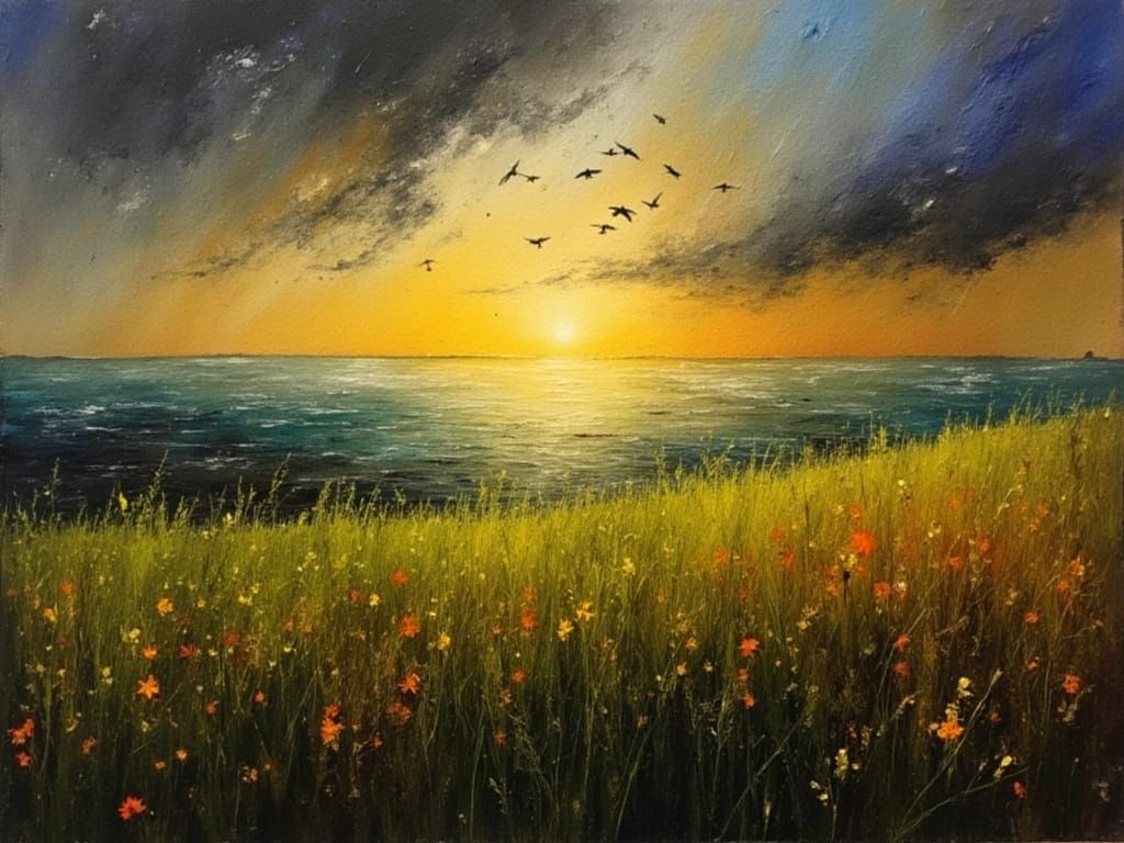 Turbulent Seascape from Meadow in Grungy Impasto Style