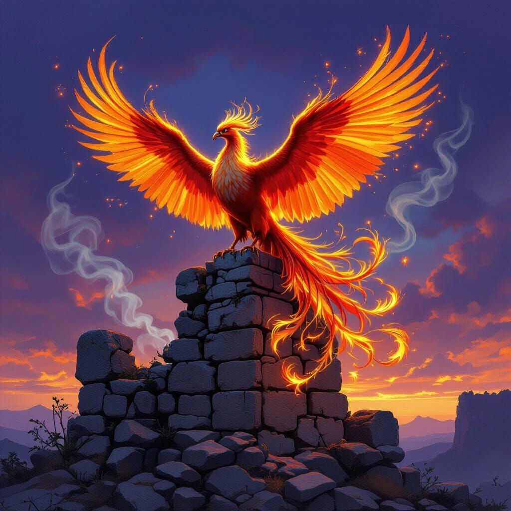 Majestic Phoenix on Ancient Ruins in Oil Painting Style