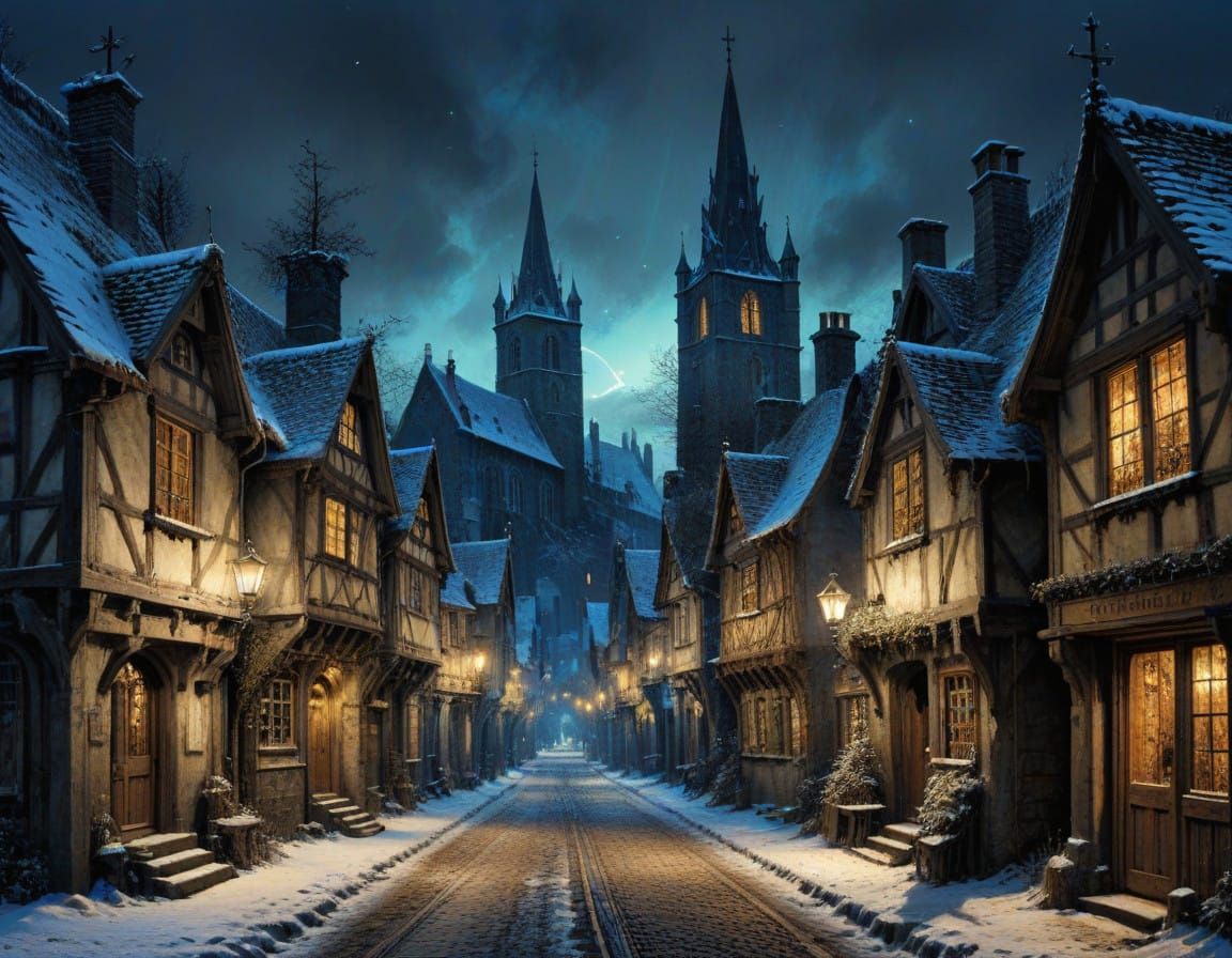 Medieval Christmas Town in Deep, Mysterious Colors